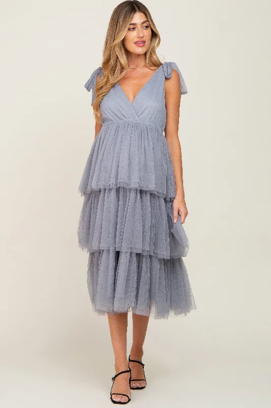 Midi dresses with mesh inserts for a trendy and breathable optionLight Blue Sleeveless Tiered Tie Strap Tulle Maternity Midi Dress Midi dresses with mesh inserts for a trendy and breathable optionLight Blue Sleeveless Tiered Tie Strap Tulle Maternity Midi Dress