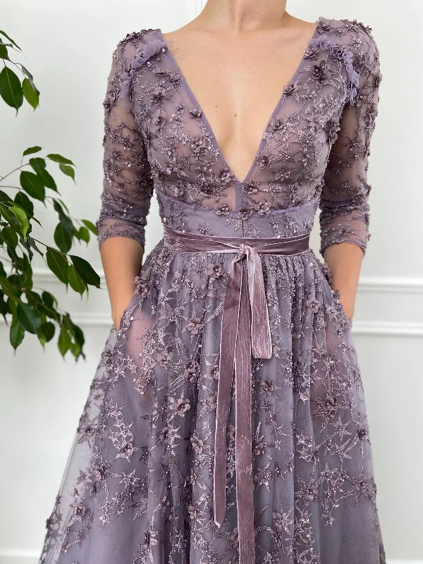 Midi dresses with side slits for a sexy and elegant appearanceLilac Laced Gown