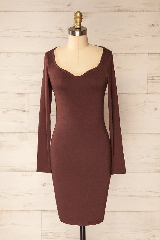 Midi dresses with cotton - blend materials for everyday comfortLorient Brown | Long Sleeve Short Fitted Dress Midi dresses with cotton - blend materials for everyday comfortLorient Brown | Long Sleeve Short Fitted Dress
