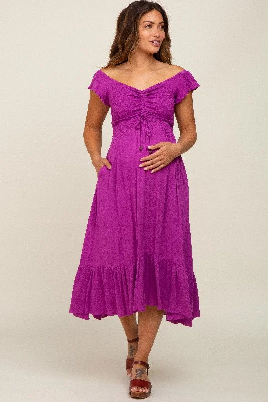 Midi dresses with button - down skirts for a unique and functional designMagenta Smocked Ruched Ruffle Hem Maternity Maxi Dress