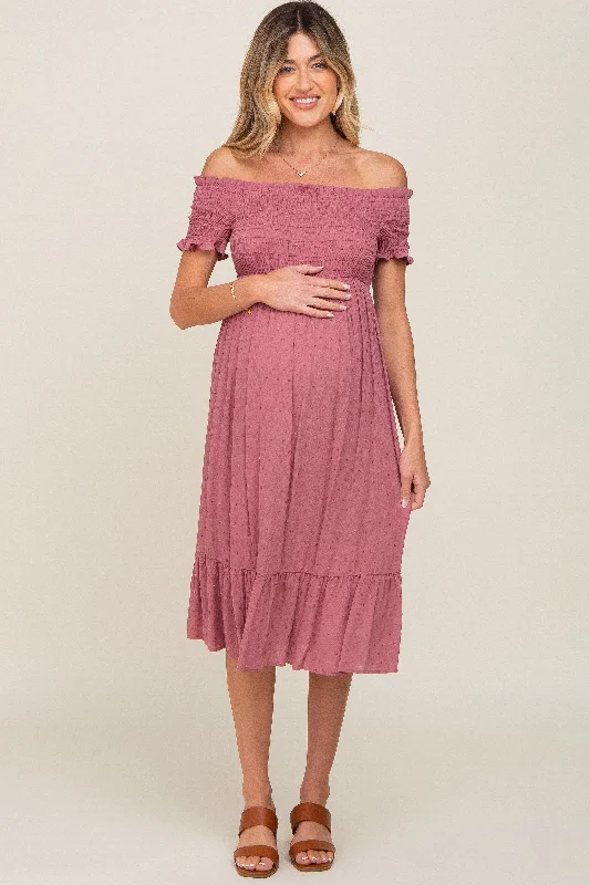 Midi dresses with keyhole backs for a flirty and unexpected detailMauve Off Shoulder Smocked Maternity Midi Dress