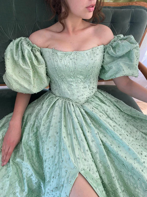 Midi dresses with mesh inserts for a trendy and breathable optionMinty Pearls Gown