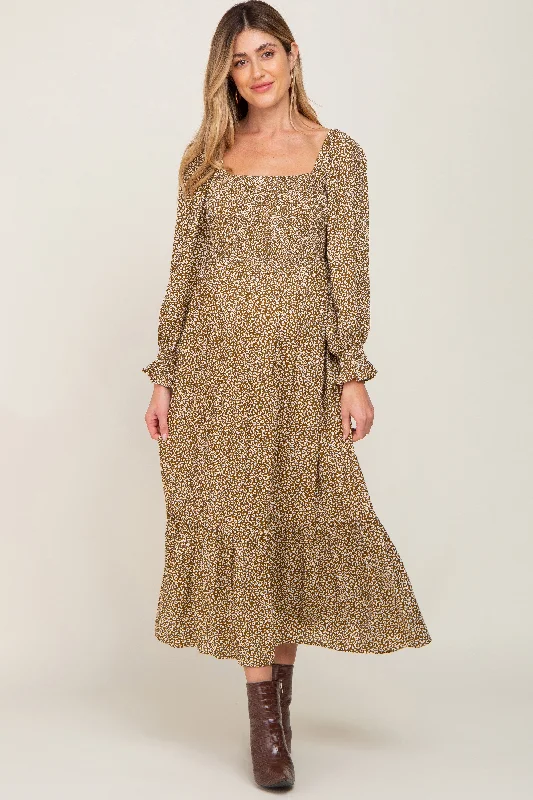 Midi dresses with puff sleeves for a vintage - inspired lookMocha Leopard Print Square Neck Smocked Maternity Midi Dress Midi dresses with puff sleeves for a vintage - inspired lookMocha Leopard Print Square Neck Smocked Maternity Midi Dress