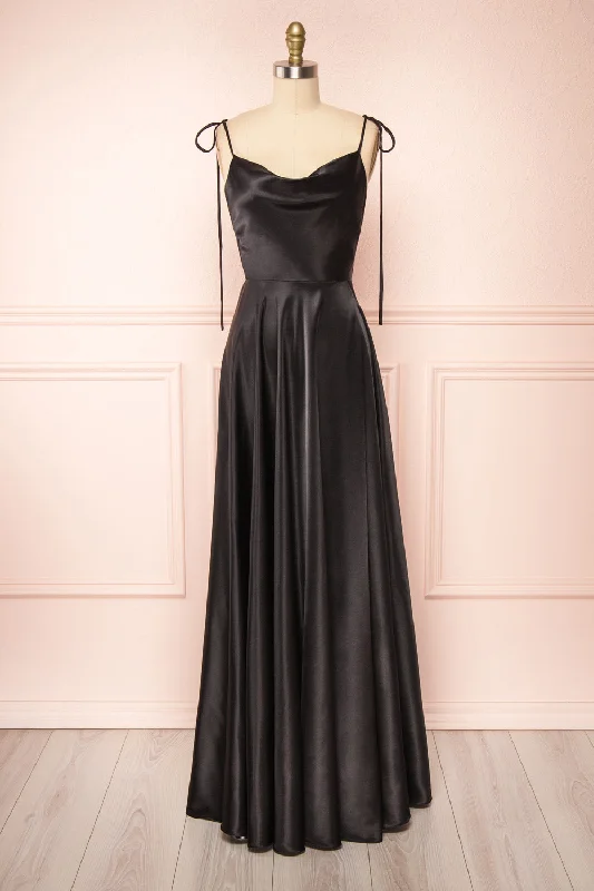Midi dresses with gathered skirts for a full and flowing silhouetteMoira Black | Cowl Neck Satin Maxi Dress w/ High Slit