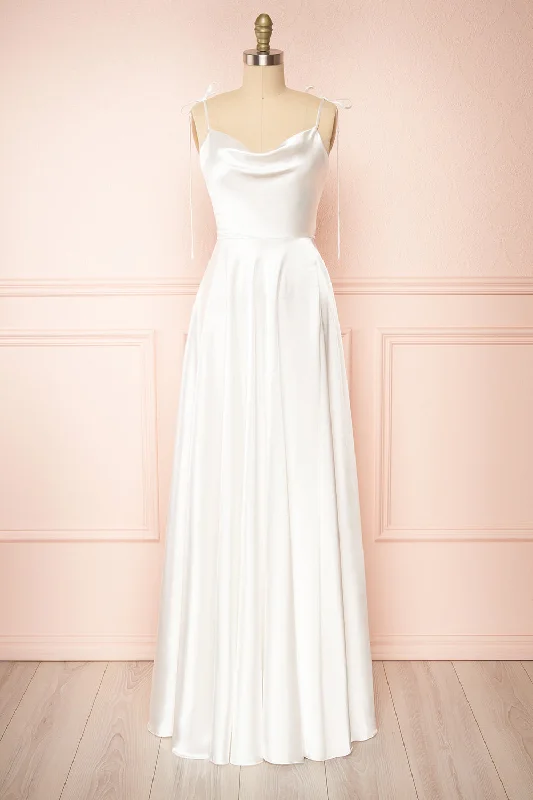 Midi dresses with empire waists for a flattering maternity optionMoira Ivory | Bridal Cowl Neck Satin Gown w/ High Slit Midi dresses with empire waists for a flattering maternity optionMoira Ivory | Bridal Cowl Neck Satin Gown w/ High Slit