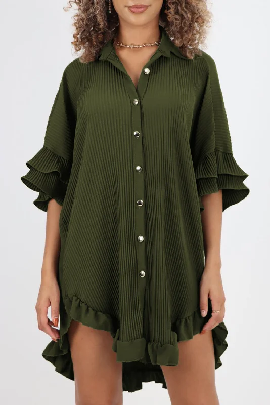 Midi dresses with embroidered accents for a unique and detailed designPleated Ruffle Sleeve Shirt Dress Midi dresses with embroidered accents for a unique and detailed designPleated Ruffle Sleeve Shirt Dress