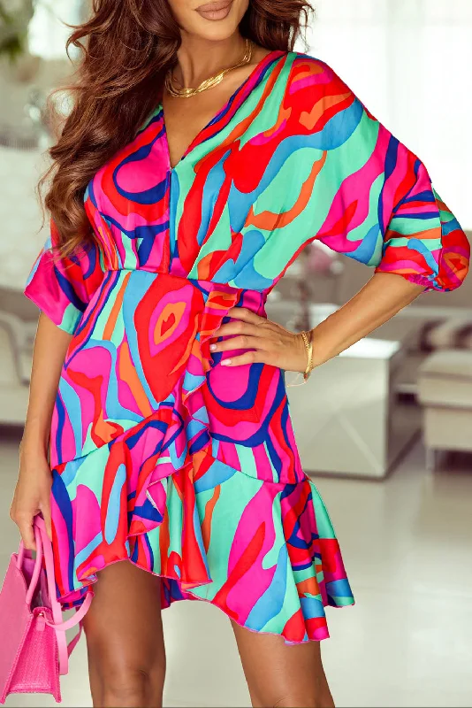 Midi dresses with belted waists to accentuate the figureAbstract Ruffle Wrap V-Neck Dress Midi dresses with belted waists to accentuate the figureAbstract Ruffle Wrap V-Neck Dress