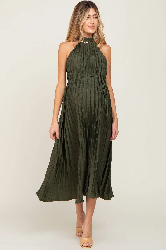 Midi dresses with belted waists to accentuate the figureOlive Pleated Maternity Halter Dress Midi dresses with belted waists to accentuate the figureOlive Pleated Maternity Halter Dress