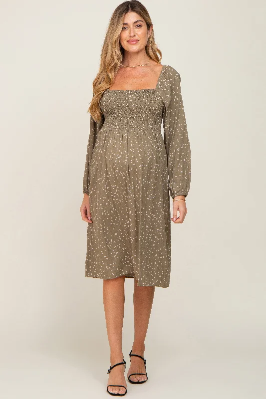 A - line midi dresses with floral prints for spring brunchesOlive Printed Long Sleeve Maternity Midi Dress A - line midi dresses with floral prints for spring brunchesOlive Printed Long Sleeve Maternity Midi Dress