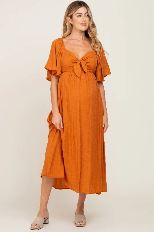 Midi dresses with asymmetric hems for a fashion - forward and dynamic appearanceRust Front Tie Ruffle Sleeve Maternity Midi Dress