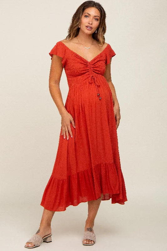 Wrap - style midi dresses in silk for a sophisticated office lookRust Smocked Ruched Ruffle Hem Maternity Maxi Dress