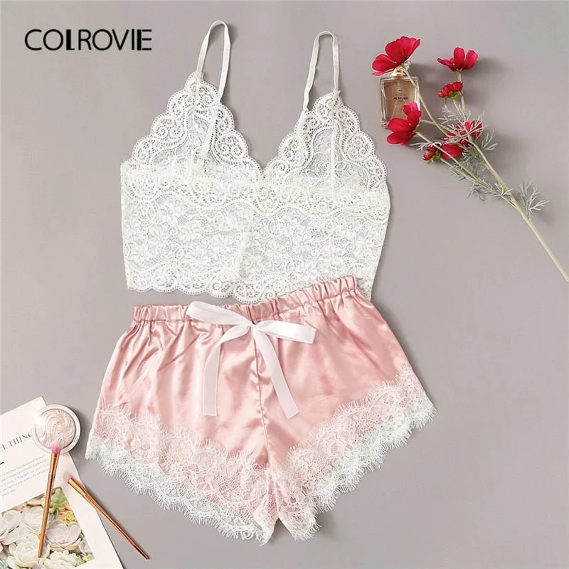 seamless women bra and panty sets for comfortCOLROVIE Floral Lace Cami Top With Satin Shorts Lingerie Set Women 2019 Summer Sexy Sets Ladies Bra And Panty Underwear Set