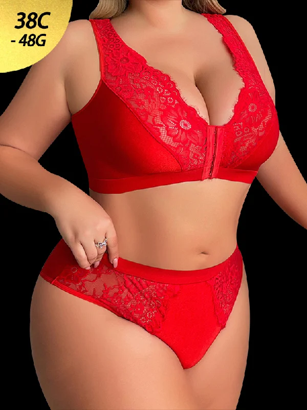 coordinating women bra and panty sets with outerwearRed Lace Front-Closure Lingerie Set