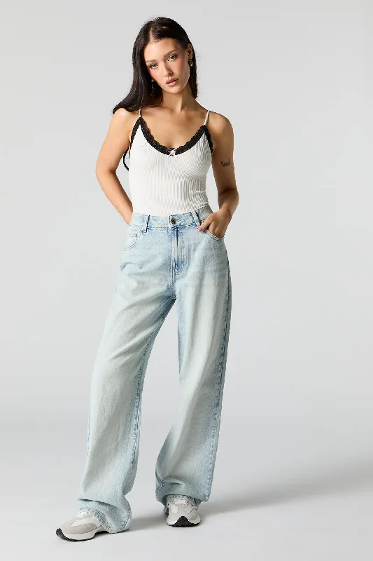 Denim Top with a Peplum Hem for a Flirty and Feminine LookLight Wash High Rise Wide Leg Jean Denim Top with a Peplum Hem for a Flirty and Feminine LookLight Wash High Rise Wide Leg Jean