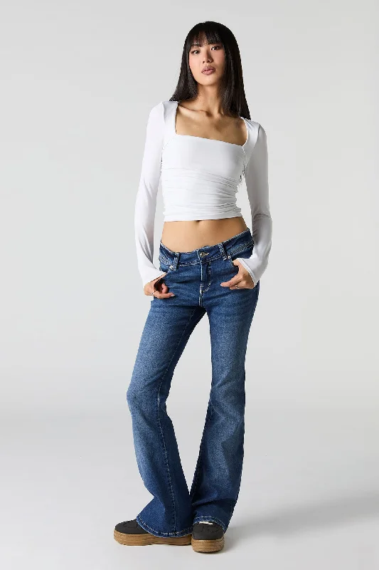 Plus - Size Denim Top for a Comfortable and Stylish FitDark Wash Low Rise Flare Jean Plus - Size Denim Top for a Comfortable and Stylish FitDark Wash Low Rise Flare Jean
