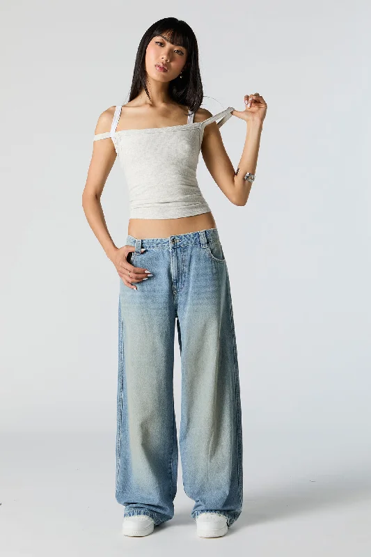 Denim Top with a Floral Print for a Feminine TouchLow Rise Slouchy Oversized Jean