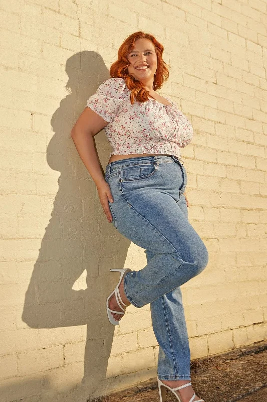 Washed - Out Denim Top for a Vintage AestheticBlue Denim Mom Jean High Rise