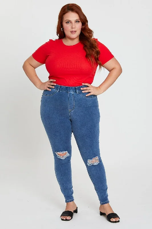 Oversized Denim Top for a Relaxed and Casual VibeBlue Knee Jeggings High Rise Slash