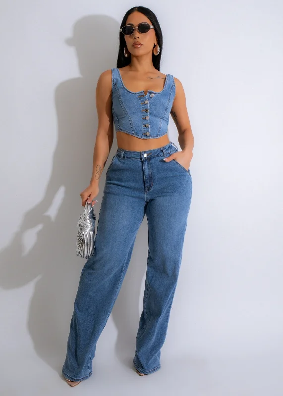 Denim Top with a Floral Print for a Feminine TouchDelight Pant Set Light Denim