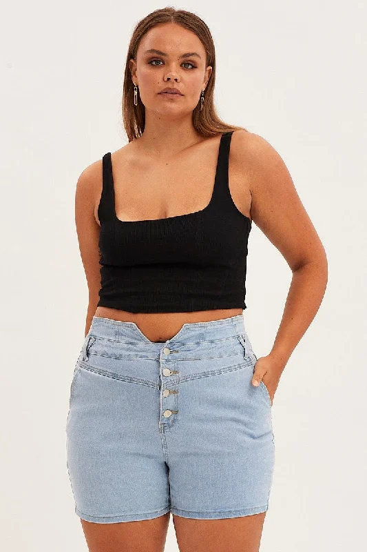 Denim Top for a Music Festival with a Rock - n - Roll VibeDenim Blue Skinny Denim Shorts High Rise Denim Top for a Music Festival with a Rock - n - Roll VibeDenim Blue Skinny Denim Shorts High Rise