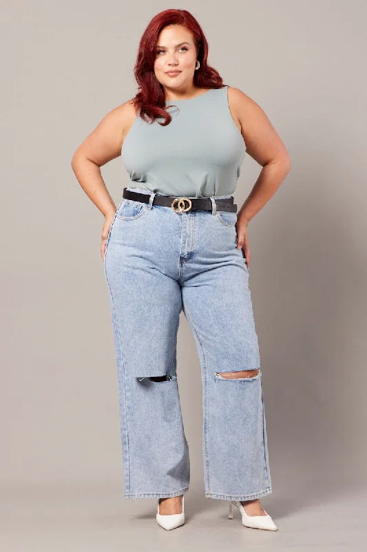 Washed - Out Denim Top for a Vintage AestheticDenim Straight Jeans High Rise