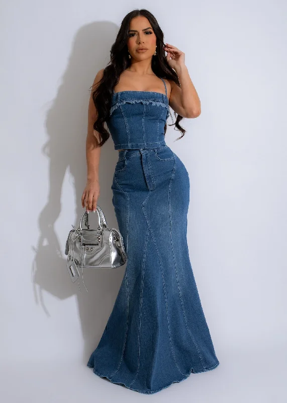 Patchwork Denim Top with a Unique and Artistic AppealDoll In Skirt Set Dark Denim