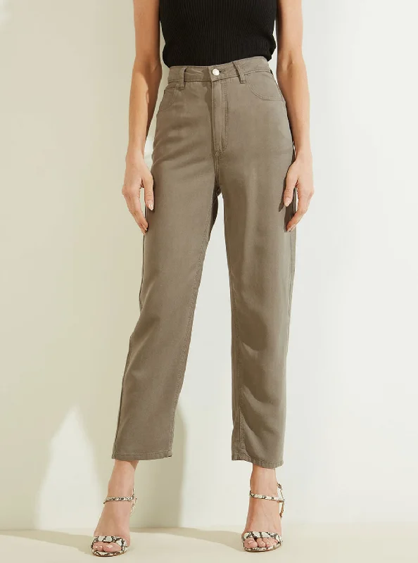 Fringed Denim Top with a Bohemian FlairEco High-Rise Straight Leg Denim Mom Jeans in Green Khaki