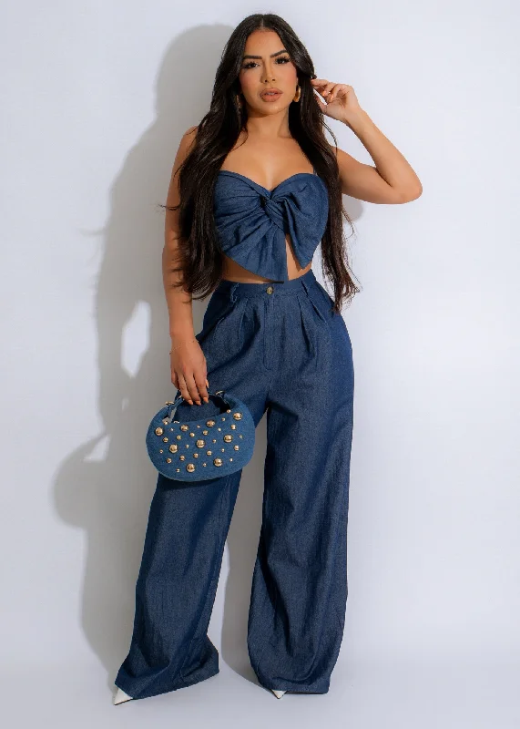Denim Top for a Beachside Picnic with a Laid - Back StyleShe's Charm Denim Pant Set Dark Denim Denim Top for a Beachside Picnic with a Laid - Back StyleShe's Charm Denim Pant Set Dark Denim