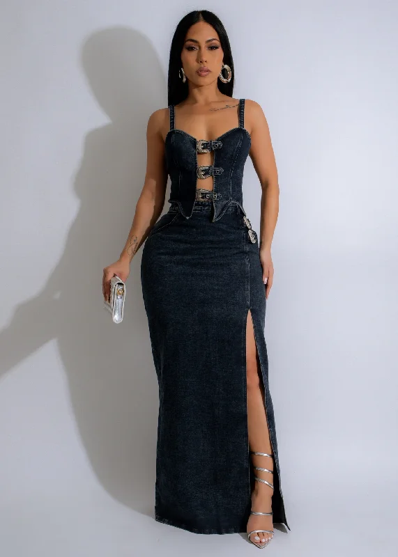 Denim Top with a Belted Waist for a Defined SilhouetteThe Rebel Skirt Set Dark Denim Denim Top with a Belted Waist for a Defined SilhouetteThe Rebel Skirt Set Dark Denim