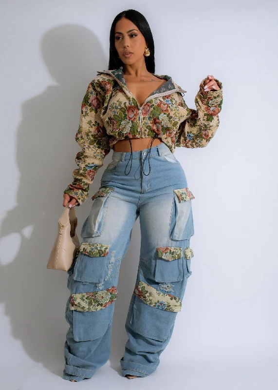 Button - Down Denim Top with a Classic DesignVintage Bloom Ensemble Cargo Pant Set Denim