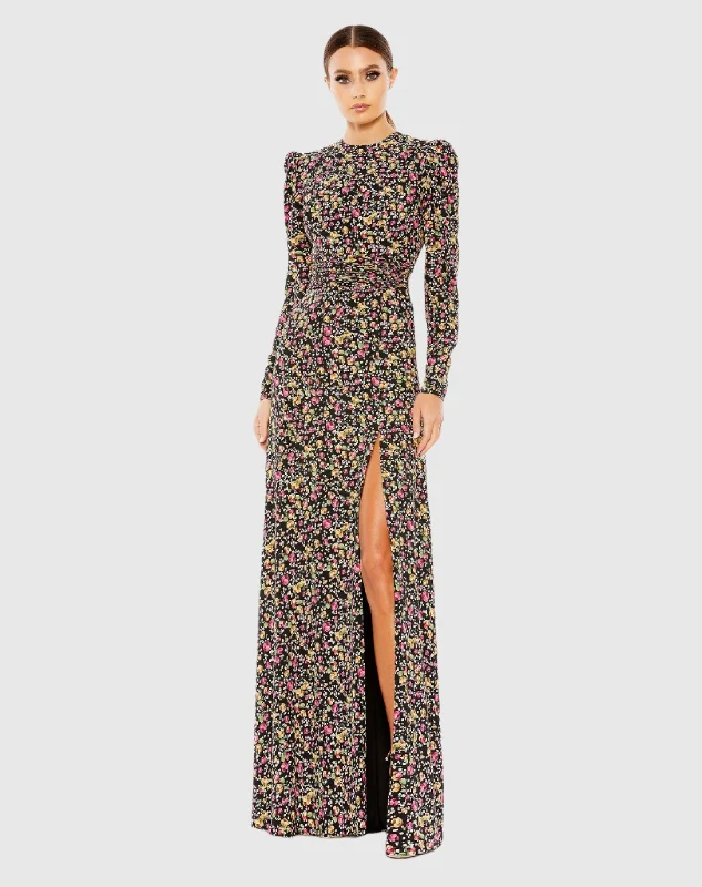 Plaid maxi dresses for fall fashion eventsFloral Long Sleeve Gown