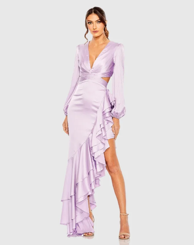 Polyester maxi dresses for easy - care and durabilityCut Out Asymmetrical Ruffled Gown Polyester maxi dresses for easy - care and durabilityCut Out Asymmetrical Ruffled Gown