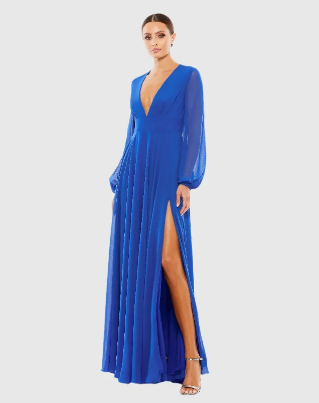 Maxi dresses with an asymmetric hem for a fashion - forward and eye - catching designBlue V-Neck Illusion Long Sleeve Chiffon Gown Maxi dresses with an asymmetric hem for a fashion - forward and eye - catching designBlue V-Neck Illusion Long Sleeve Chiffon Gown