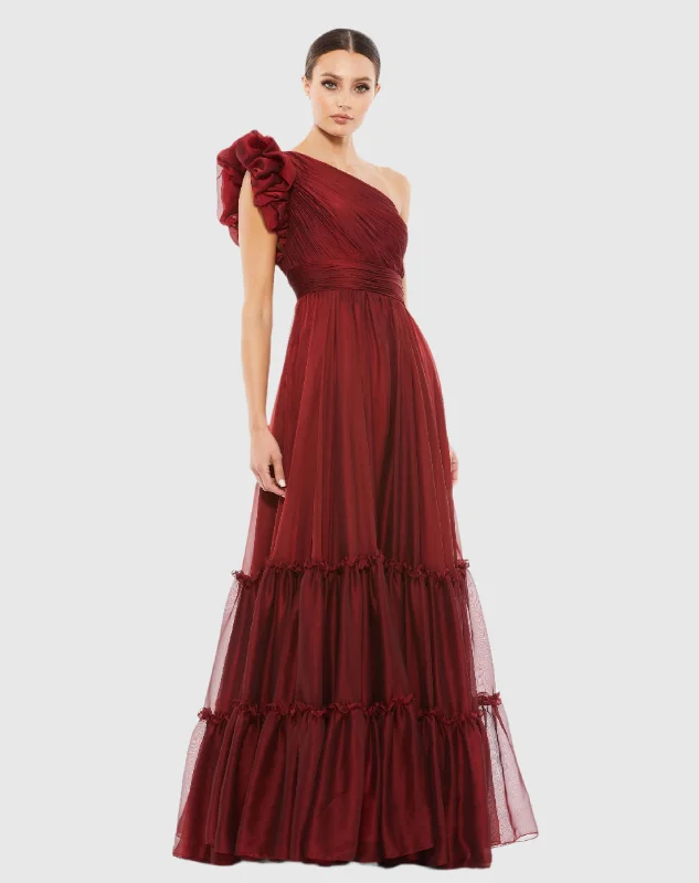 Maxi dresses with fringe trim for a bohemian vibeRed Organza One Shoulder Pleated Gown Maxi dresses with fringe trim for a bohemian vibeRed Organza One Shoulder Pleated Gown