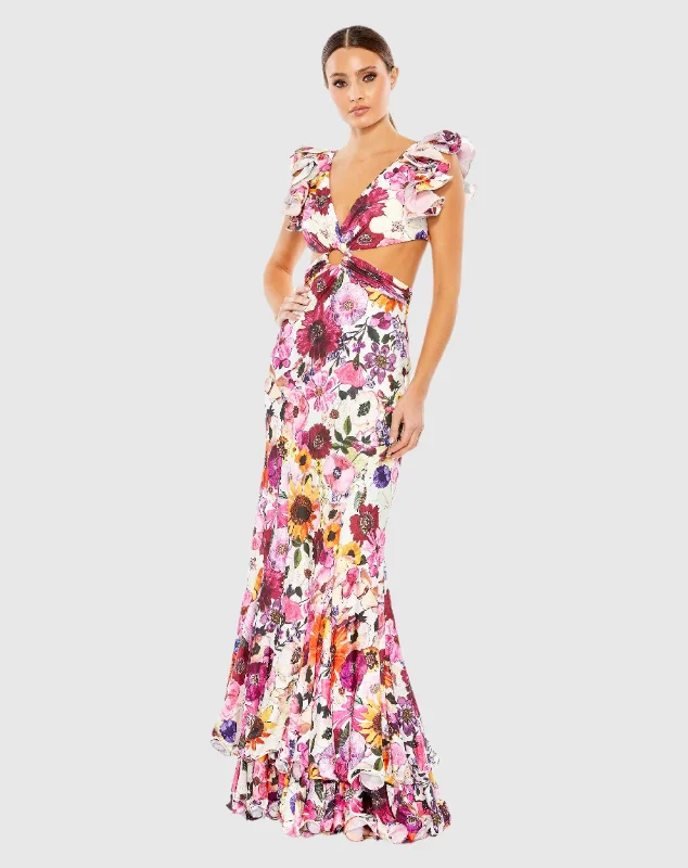 Maxi dresses with geometric prints for a contemporary aestheticFloral Print Ruffle Shoulder Cut Out Gown