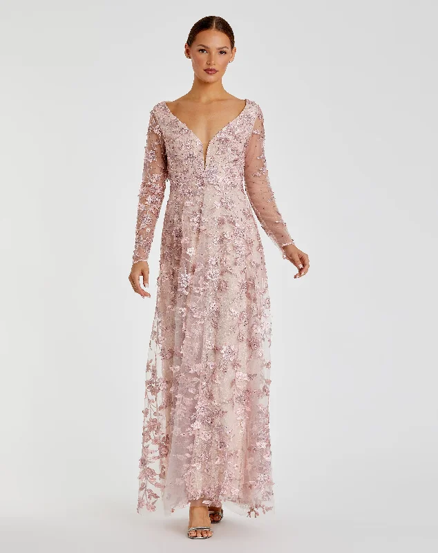Linen maxi dresses for a breathable and lightweight summer optionFloral Applique Long Sleeve Illusion Gown Linen maxi dresses for a breathable and lightweight summer optionFloral Applique Long Sleeve Illusion Gown
