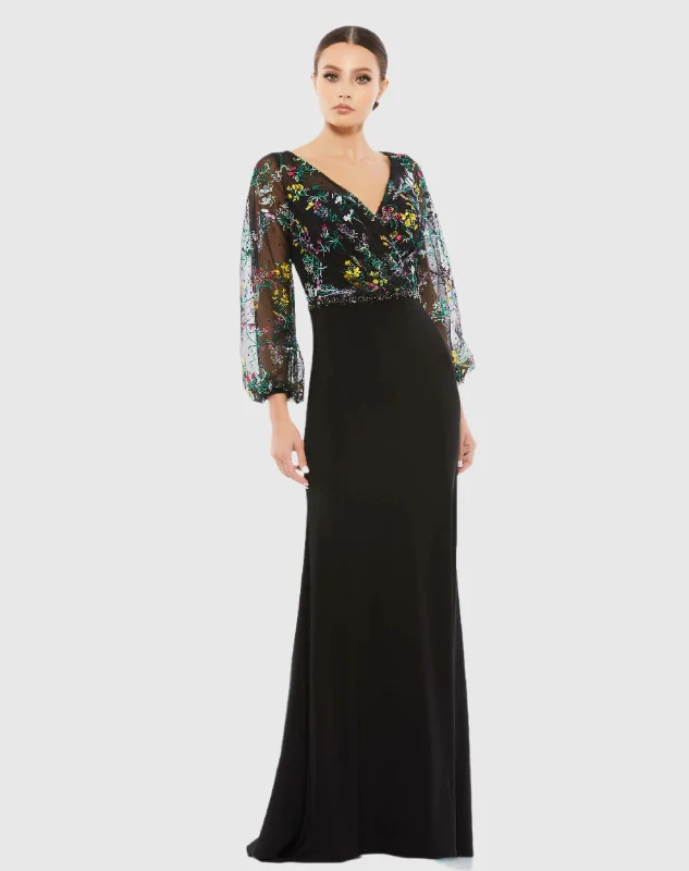 Maxi dresses with cut - out details on the sides for a modern edgeEmbroidered Illusion Puff Sleeve Column Gown Maxi dresses with cut - out details on the sides for a modern edgeEmbroidered Illusion Puff Sleeve Column Gown