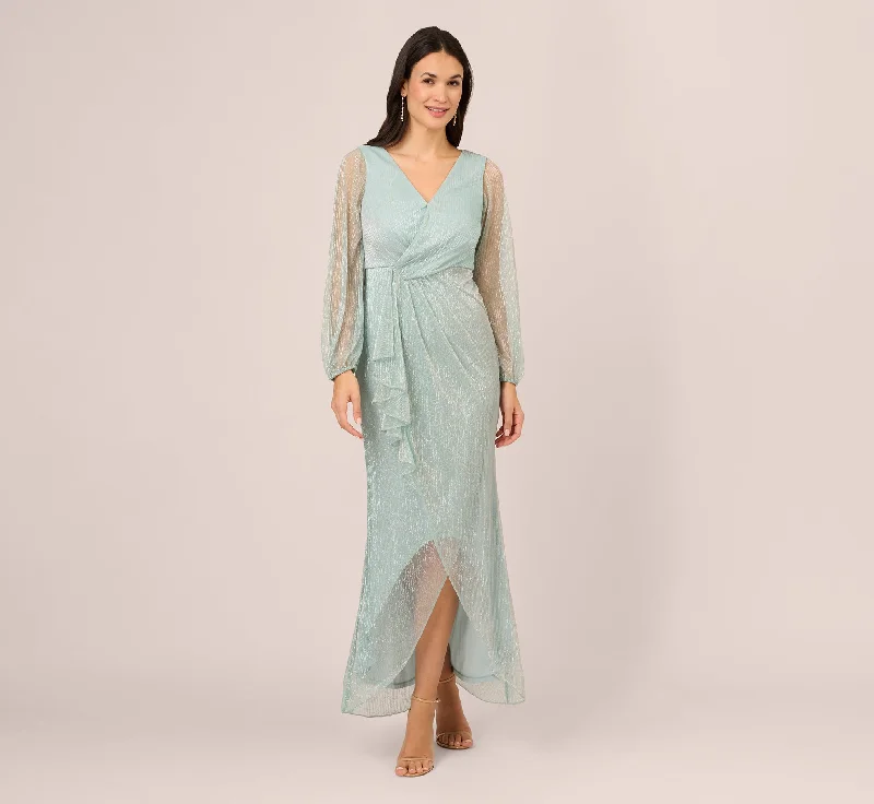 Satin maxi dresses with a high - low hem for a modern twistCrinkle Metallic Gown With Sheer Bishop Sleeves And Draped Details In Mint Smoke