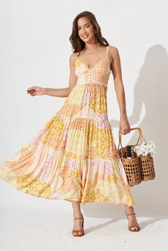 Maxi dresses with patchwork designs for a one - of - a - kind styleDelanie Maxi Dress In Orange With Yellow Multi Maxi dresses with patchwork designs for a one - of - a - kind styleDelanie Maxi Dress In Orange With Yellow Multi