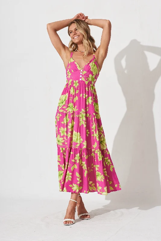 Sheer maxi dresses with lace overlays for a romantic touchDelanie Maxi Dress In Pink With Green Floral Sheer maxi dresses with lace overlays for a romantic touchDelanie Maxi Dress In Pink With Green Floral