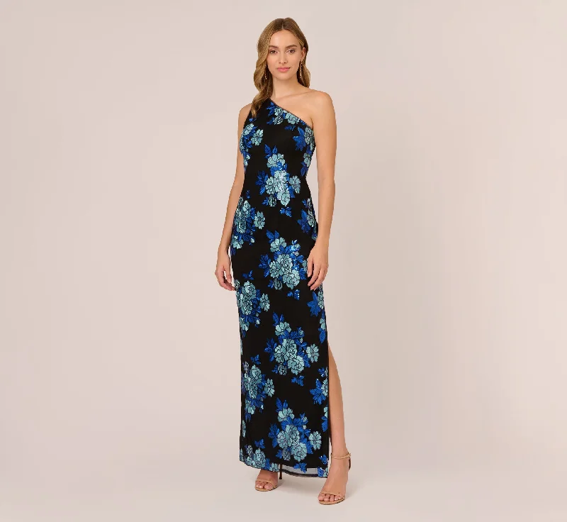 Maxi dresses with off - the - shoulder styles for a romantic and breezy lookFloral Sequin One Shoulder Column Gown In Black Blue Multi Maxi dresses with off - the - shoulder styles for a romantic and breezy lookFloral Sequin One Shoulder Column Gown In Black Blue Multi