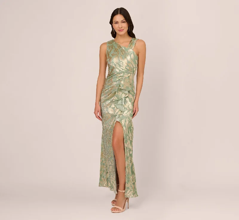 Denim maxi dresses with frayed hems for a casual lookFoil Printed Asymmetric Gown With Ruffled Detail In Sage Gold Denim maxi dresses with frayed hems for a casual lookFoil Printed Asymmetric Gown With Ruffled Detail In Sage Gold