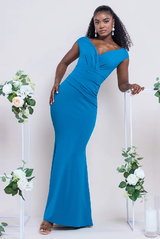 Maxi dresses with one - shoulder designs for a stylish and asymmetric lookGoddiva Bardot Pleated Maxi Dress - Teal Blue Maxi dresses with one - shoulder designs for a stylish and asymmetric lookGoddiva Bardot Pleated Maxi Dress - Teal Blue