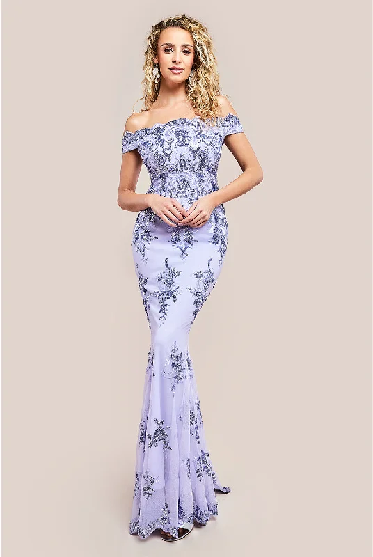 Maxi dresses with beaded embellishments for a fancy and luxurious eventGoddiva Bardot Sequin Embroidered Maxi Dress - Lilac Maxi dresses with beaded embellishments for a fancy and luxurious eventGoddiva Bardot Sequin Embroidered Maxi Dress - Lilac