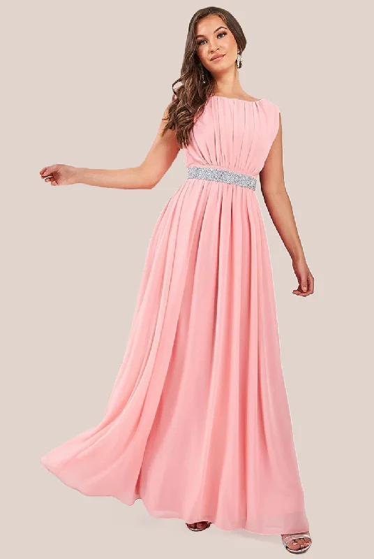 Sequined maxi dresses for formal evening galasGoddiva Chiffon Maxi With Embellished Belt - Peach