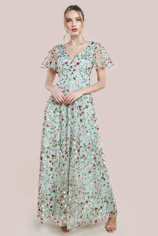 Maxi dresses with a belted empire waist for a more defined and flattering silhouetteGoddiva Flutter Sleeve Floral Embroidered Maxi - Sage Green Maxi dresses with a belted empire waist for a more defined and flattering silhouetteGoddiva Flutter Sleeve Floral Embroidered Maxi - Sage Green