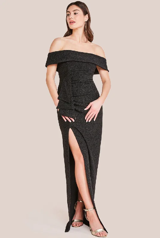 Maxi dresses with an asymmetric hem for a fashion - forward and eye - catching designGoddiva Sparkle Bardot Maxi With Waterfall Ruffle - Black Maxi dresses with an asymmetric hem for a fashion - forward and eye - catching designGoddiva Sparkle Bardot Maxi With Waterfall Ruffle - Black