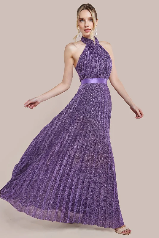 Maxi dresses with a paisley print for a classic and elegant styleGoddiva Lurex Halterneck Pleated Maxi Dress - Purple Maxi dresses with a paisley print for a classic and elegant styleGoddiva Lurex Halterneck Pleated Maxi Dress - Purple