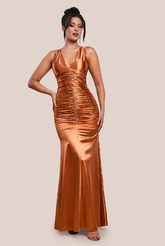 Ruffled maxi dresses with a tiered skirt for added volumeGoddiva Multi-Tied Satin Gathered Ring Maxi Dress - Bronze Ruffled maxi dresses with a tiered skirt for added volumeGoddiva Multi-Tied Satin Gathered Ring Maxi Dress - Bronze
