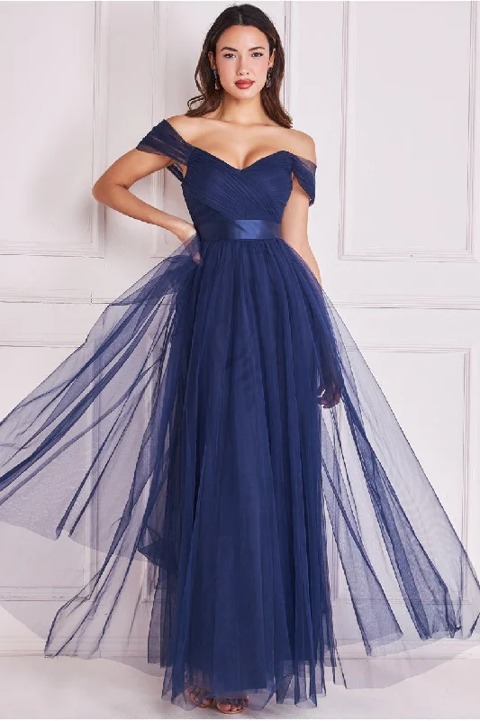 Maxi dresses with fringe trim for a bohemian vibeGoddiva Off The Shoulder Princess Maxi Dress - Navy Maxi dresses with fringe trim for a bohemian vibeGoddiva Off The Shoulder Princess Maxi Dress - Navy
